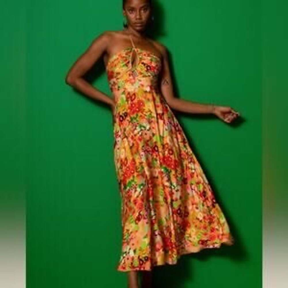 Carolina K Yellow Multicolor Floral Halter Sleeveless Cutout Midi Dress Size S